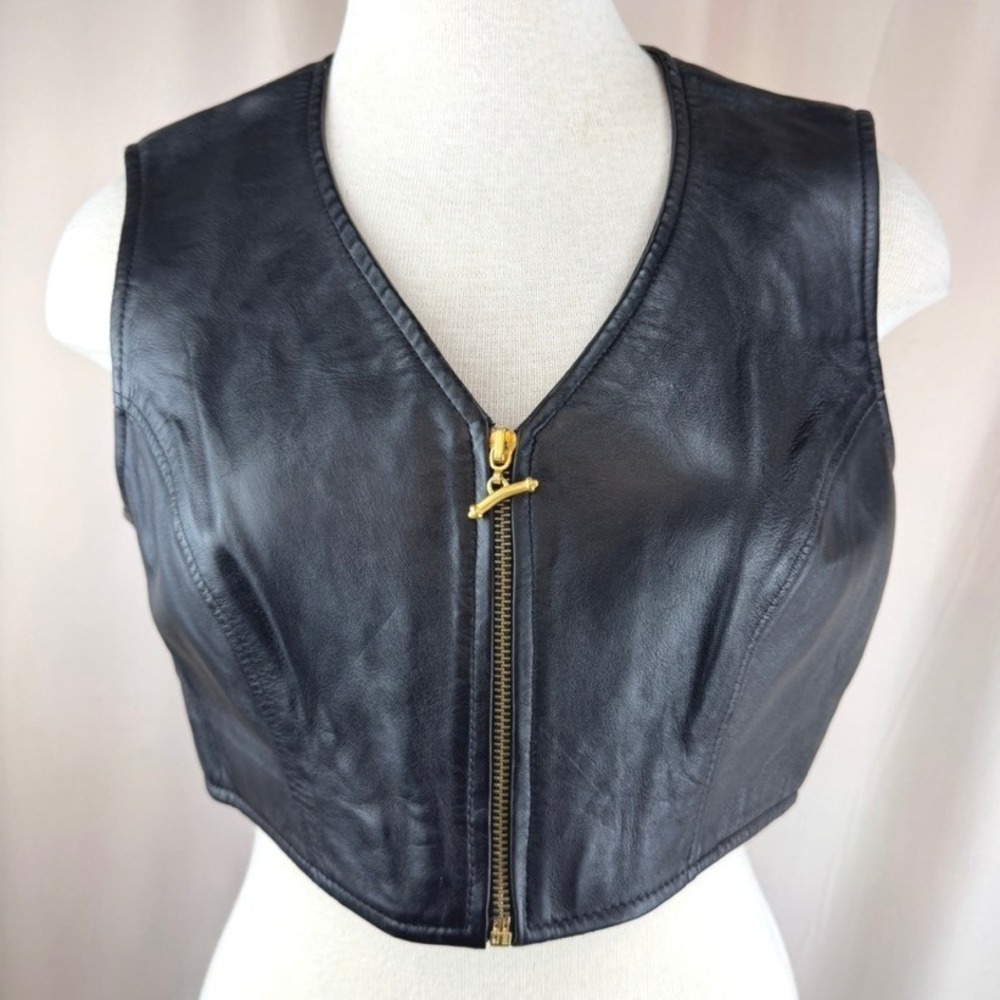 Vintage 90s BEBE Womens Cropped Leather Vest|L|Black Gold Toggle Zip Moto Y2K